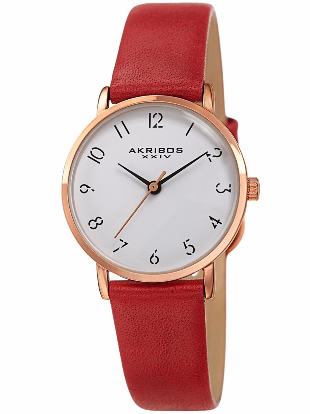 Akribos XXIV Red Leather Strap Watch with Rose Gold Tone Case